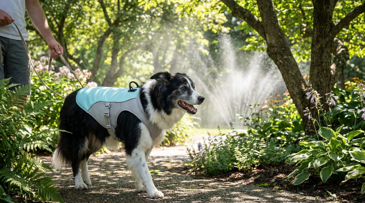 Un border collie senior porte un gilet rafraîchissant dans un jardin