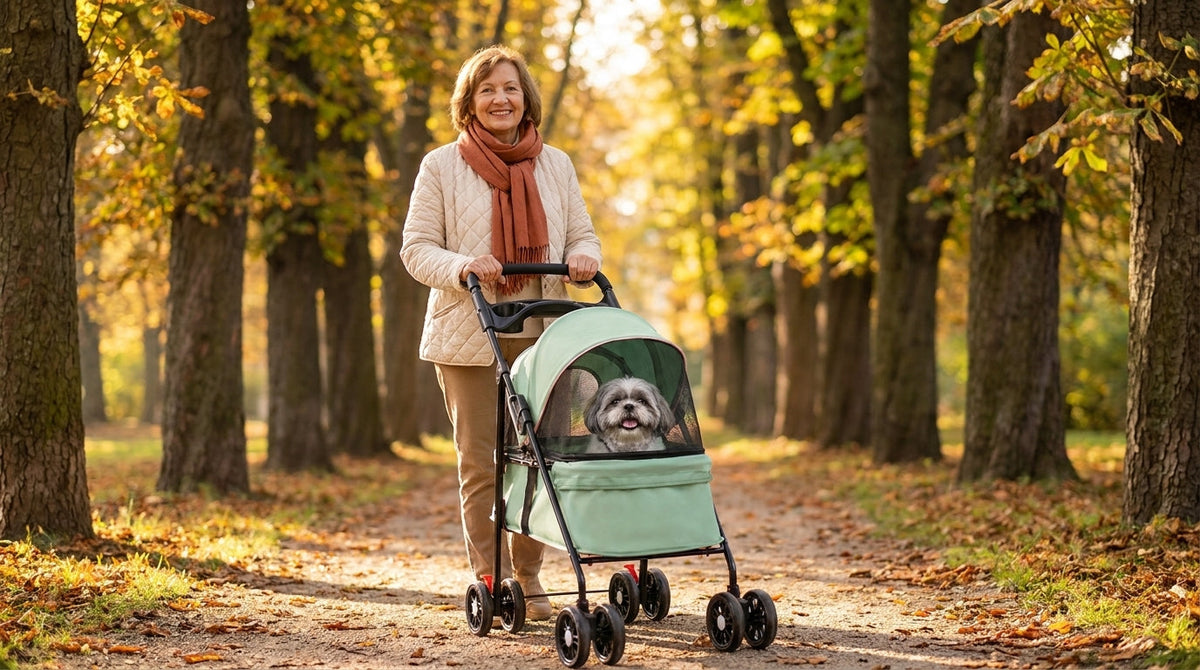 Une femme pousse une poussette pour chien dans une allée de parc