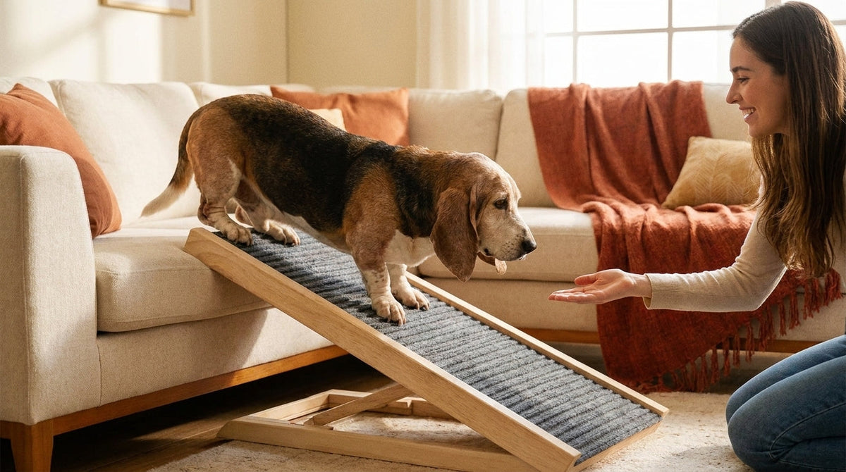 Un basset monte une rampe en bois vers un canapé
