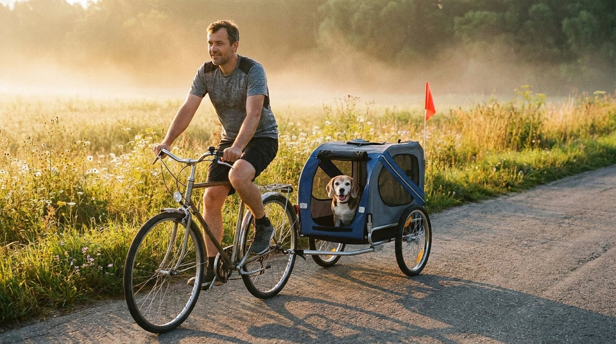 Un cycliste tracte une remorque vélo pour chien sur une route de campagne