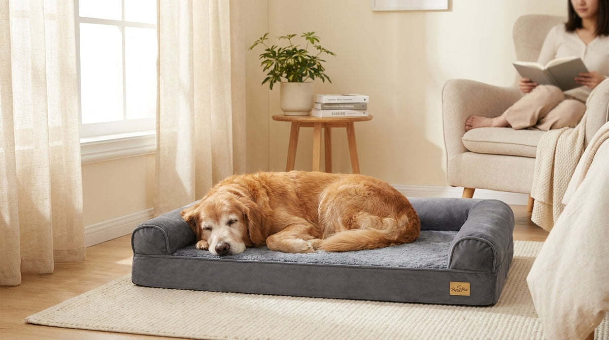 Un golden retriever âgé dort sur un lit orthopédique