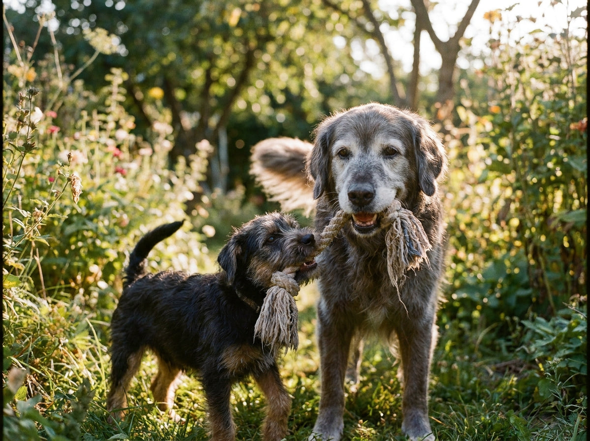 Un grand chien âgé et une petite terrier jouent doucement avec une corde dans un jardin
