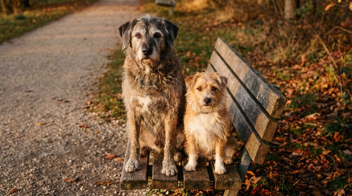 Gus et Greta, un grand chien âgé et une petite terrier, côte à côte