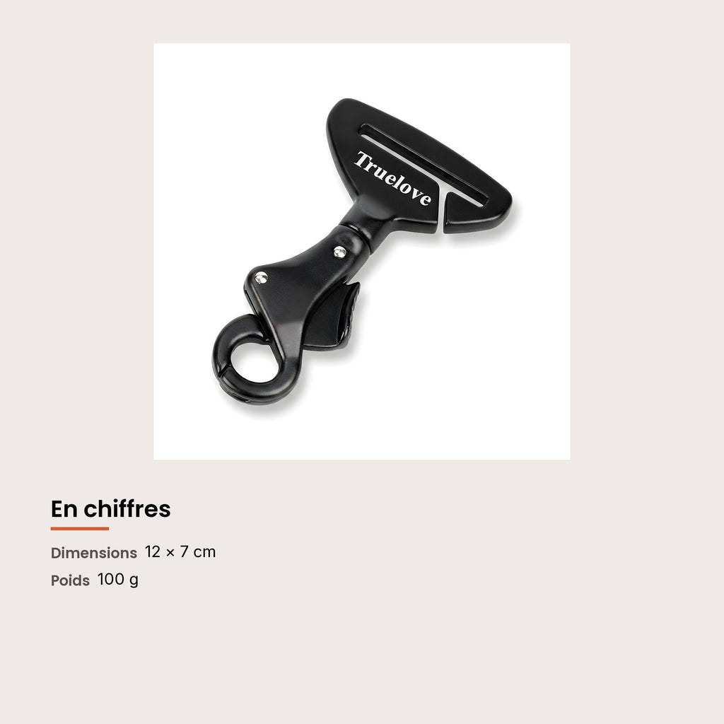Attache ceinture de voiture pour harnais de chien, aluminium, dimensions et charge maximale