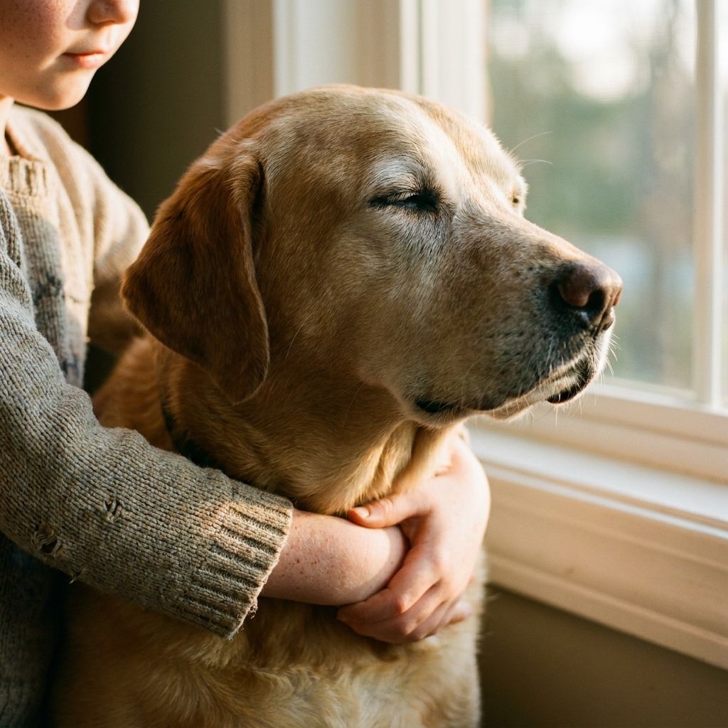 Les bras d'un enfant autour du cou d'un vieux labrador patient
