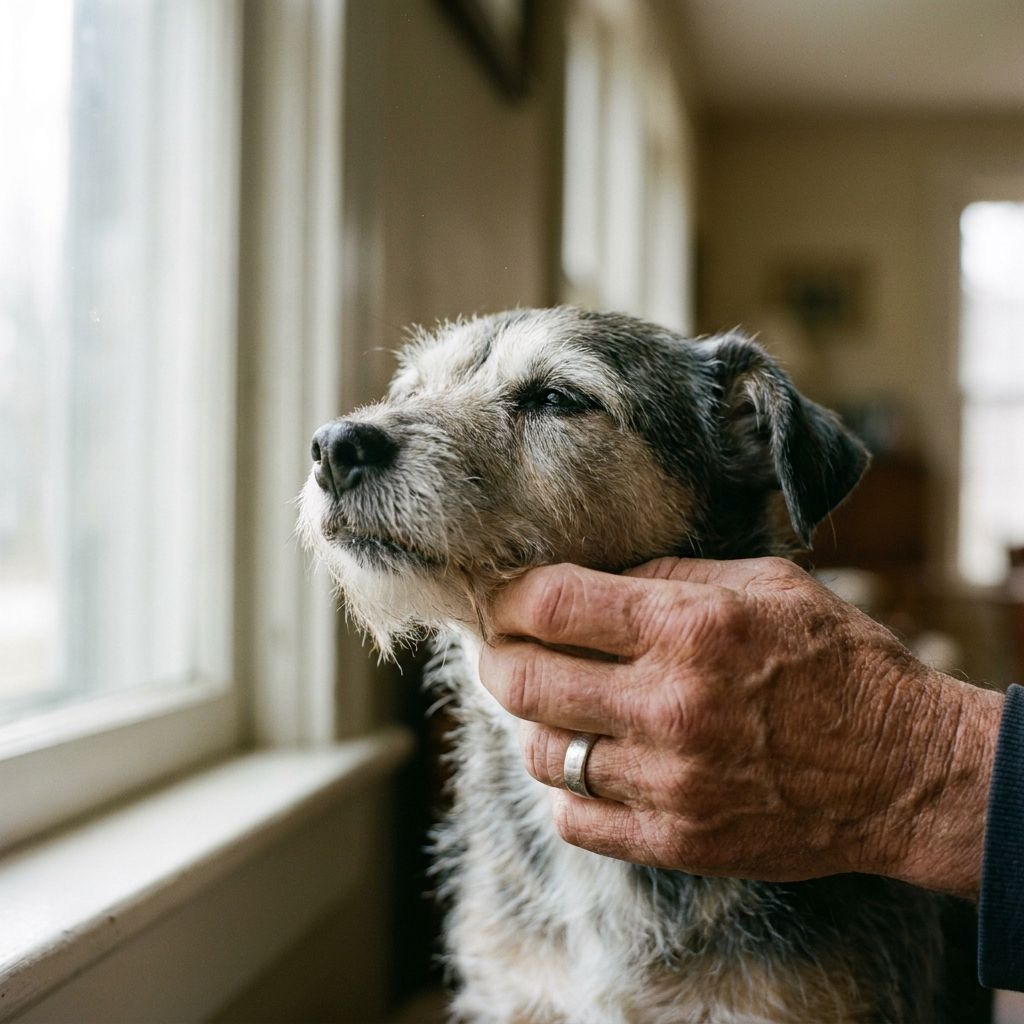 Une main caresse le menton gris d'un vieux terrier qui s'appuie contre elle