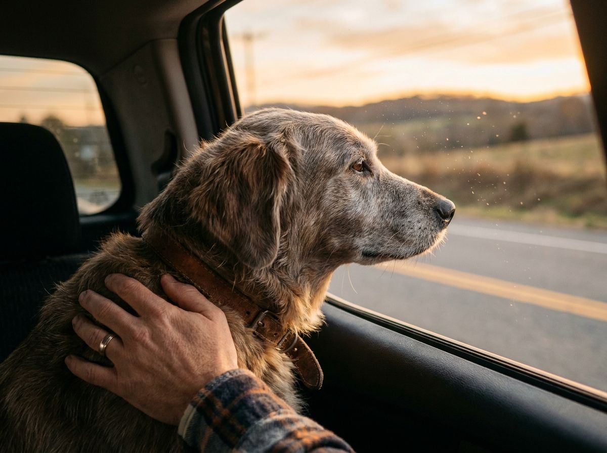 Un chien senior regarde par la fenêtre de la voiture, la main de son maître sur le dos