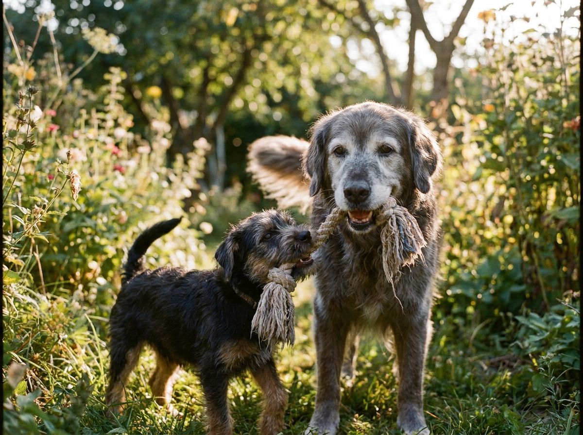 Un grand chien âgé et une petite terrier jouent doucement avec une corde dans un jardin