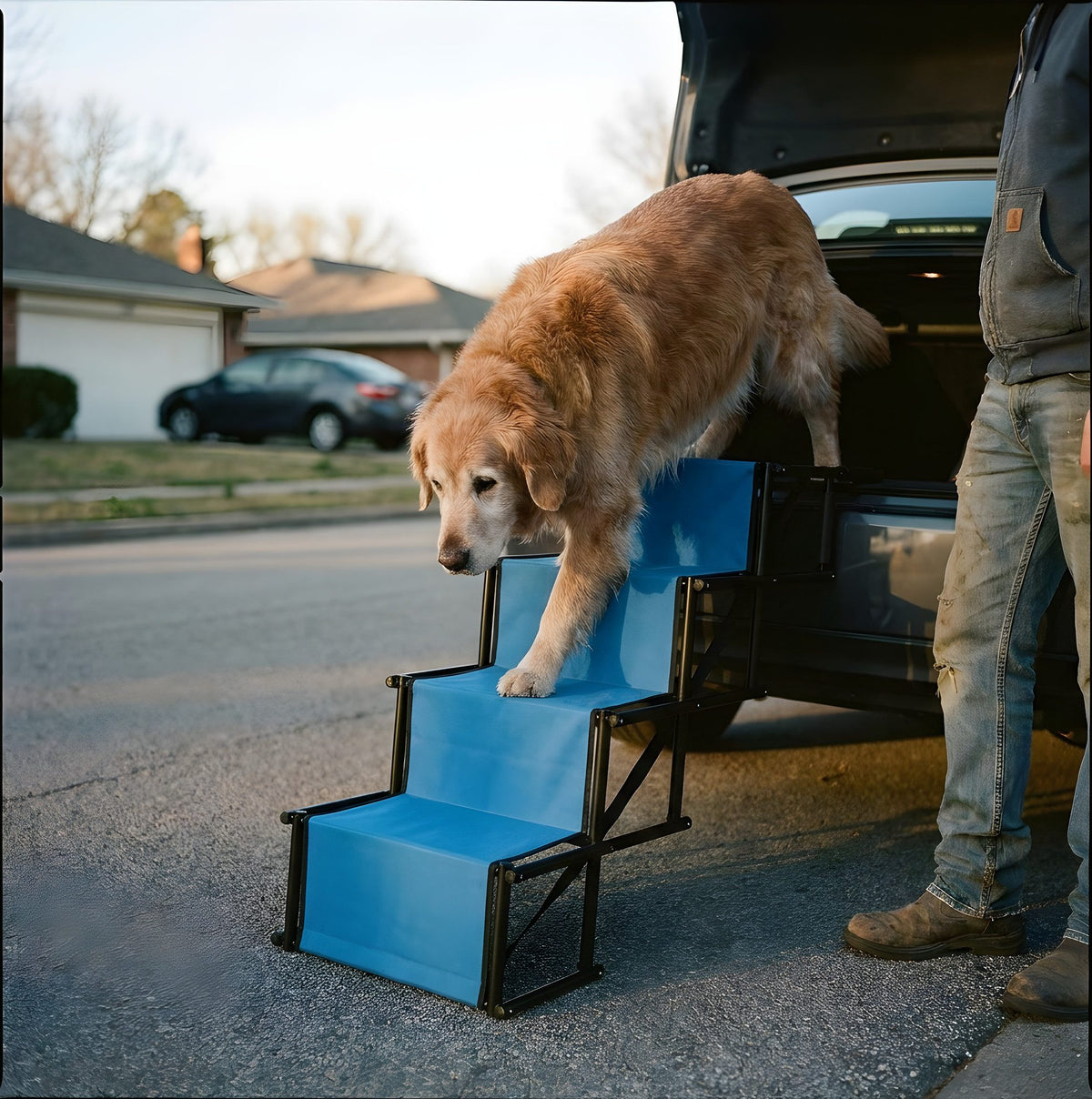 Escalier pour chien pliable, voiture et lit, jusqu'à 75 kg, en situation