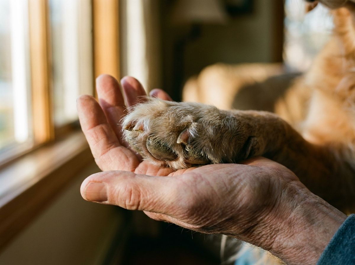 Un vieux chien pose sa patte dans la main ouverte de son maître