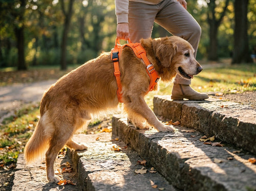 Harnais pour chien avec poignée, soutien et voiture, en situation
