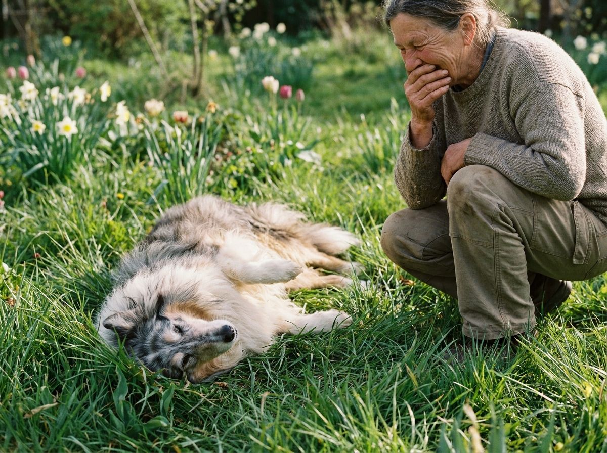 Un vieux colley se roule dans l'herbe pendant que sa maîtresse rit à côté