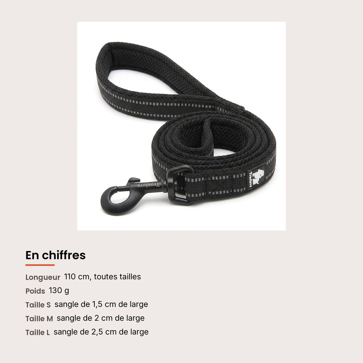 Laisse pour chien avec poignée rembourrée, 110 cm, dimensions et charge maximale