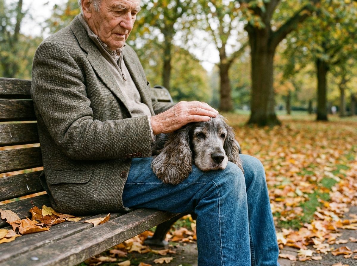 Un homme âgé sur un banc de parc, son vieux cocker la tête posée sur son genou