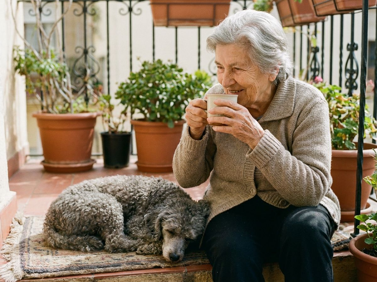 Une femme âgée boit son café en terrasse, son vieux caniche endormi à ses pieds