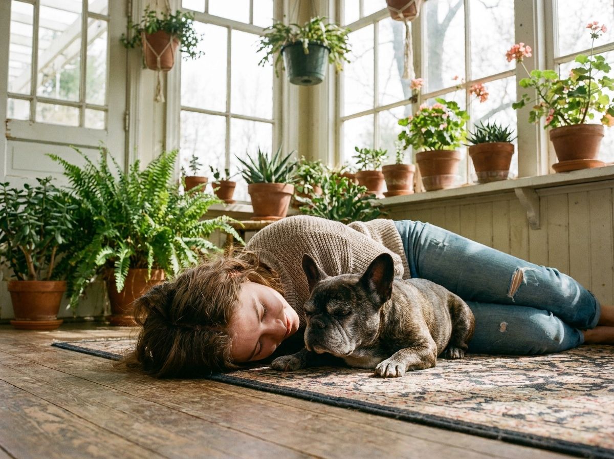 Une jeune femme allongée face à son vieux bouledogue français dans une véranda lumineuse