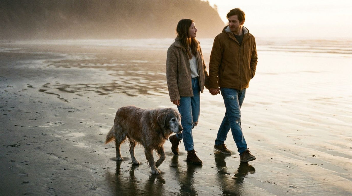 Un jeune couple marche avec un vieux golden retriever sur une plage à marée basse