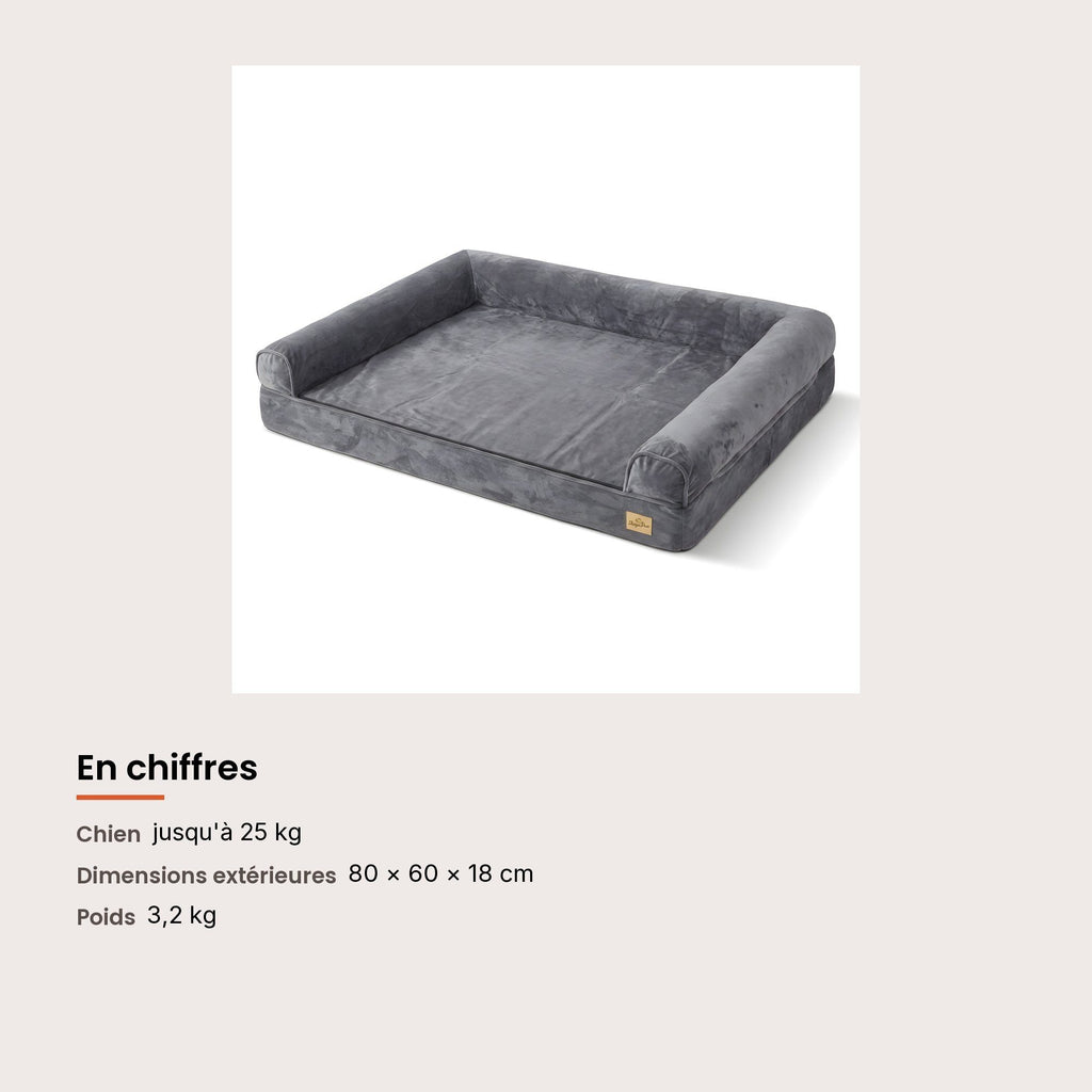 Panier orthopédique pour chien avec bourrelets, 80 × 60 cm, dimensions et charge maximale