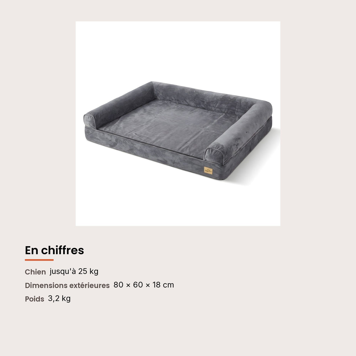 Panier orthopédique pour chien avec bourrelets, 80 × 60 cm, dimensions et charge maximale