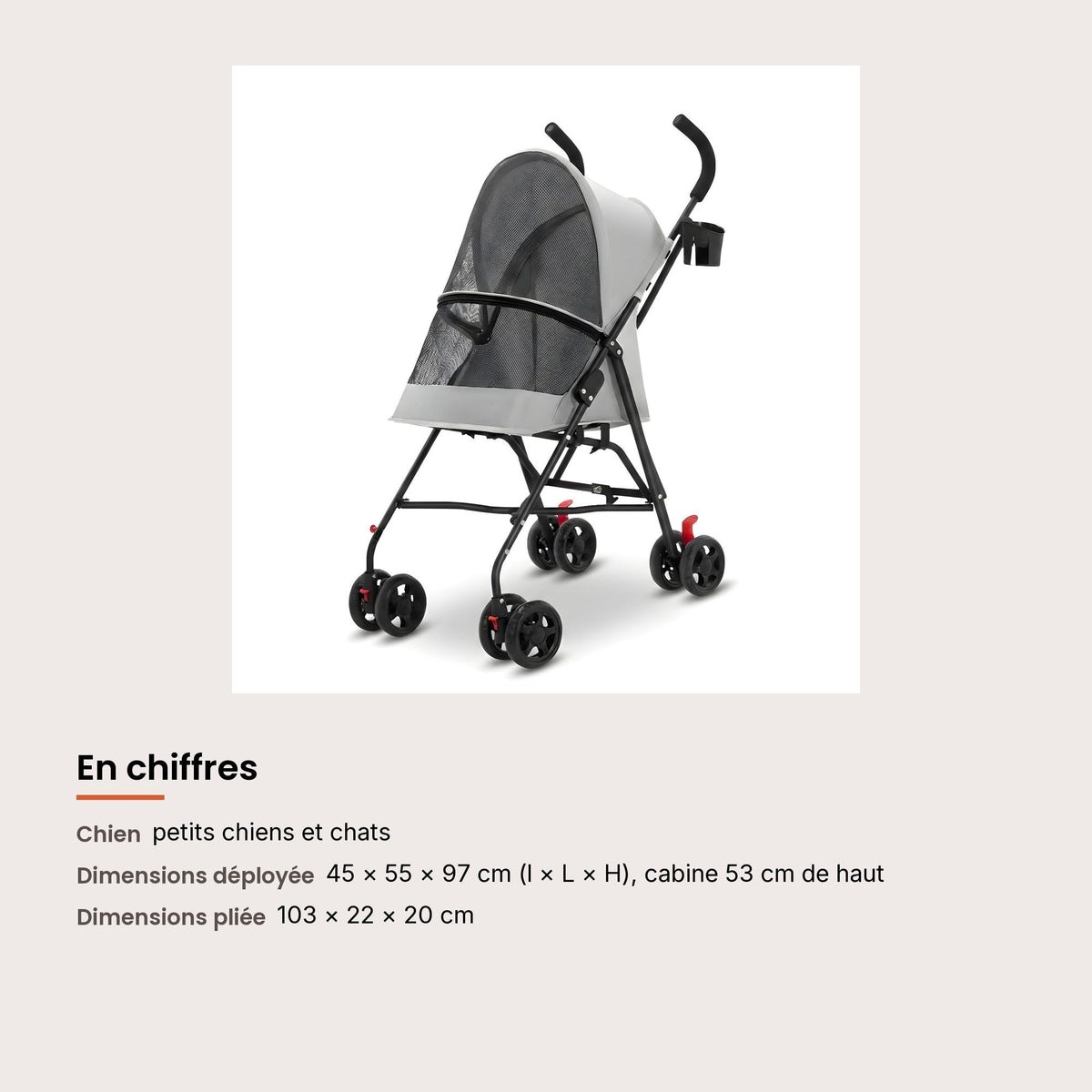 Poussette canne pour chien, légère et pliable, dimensions et charge maximale