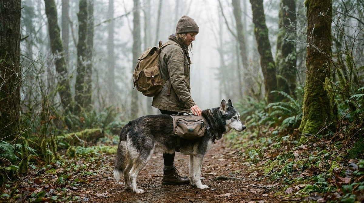 Une femme et son vieux husky sur un chemin forestier au petit matin
