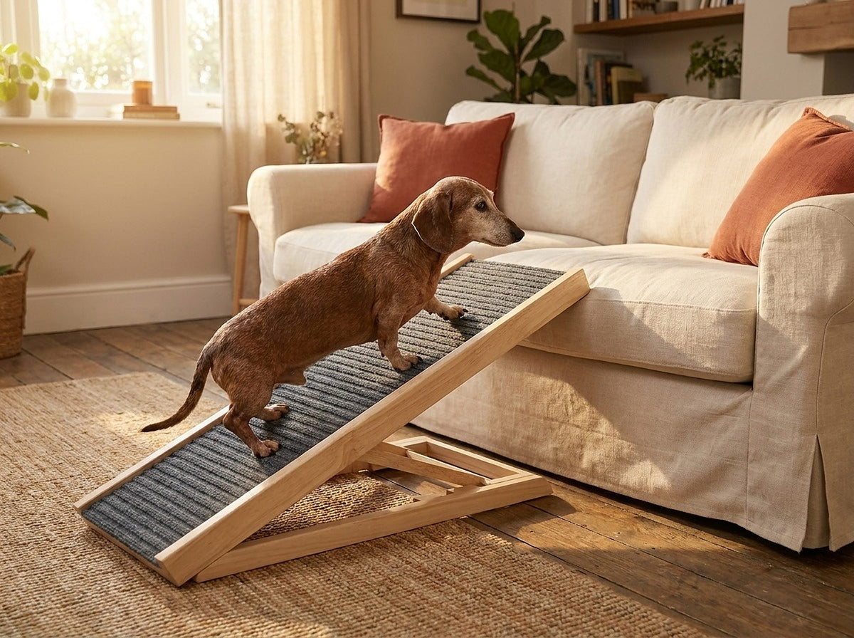 Rampe pour chien en bois, canapé et lit jusqu'à 40 cm, en situation
