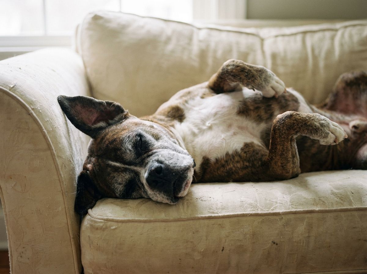 Un boxer au museau gris dort sur le dos sur un canapé crème