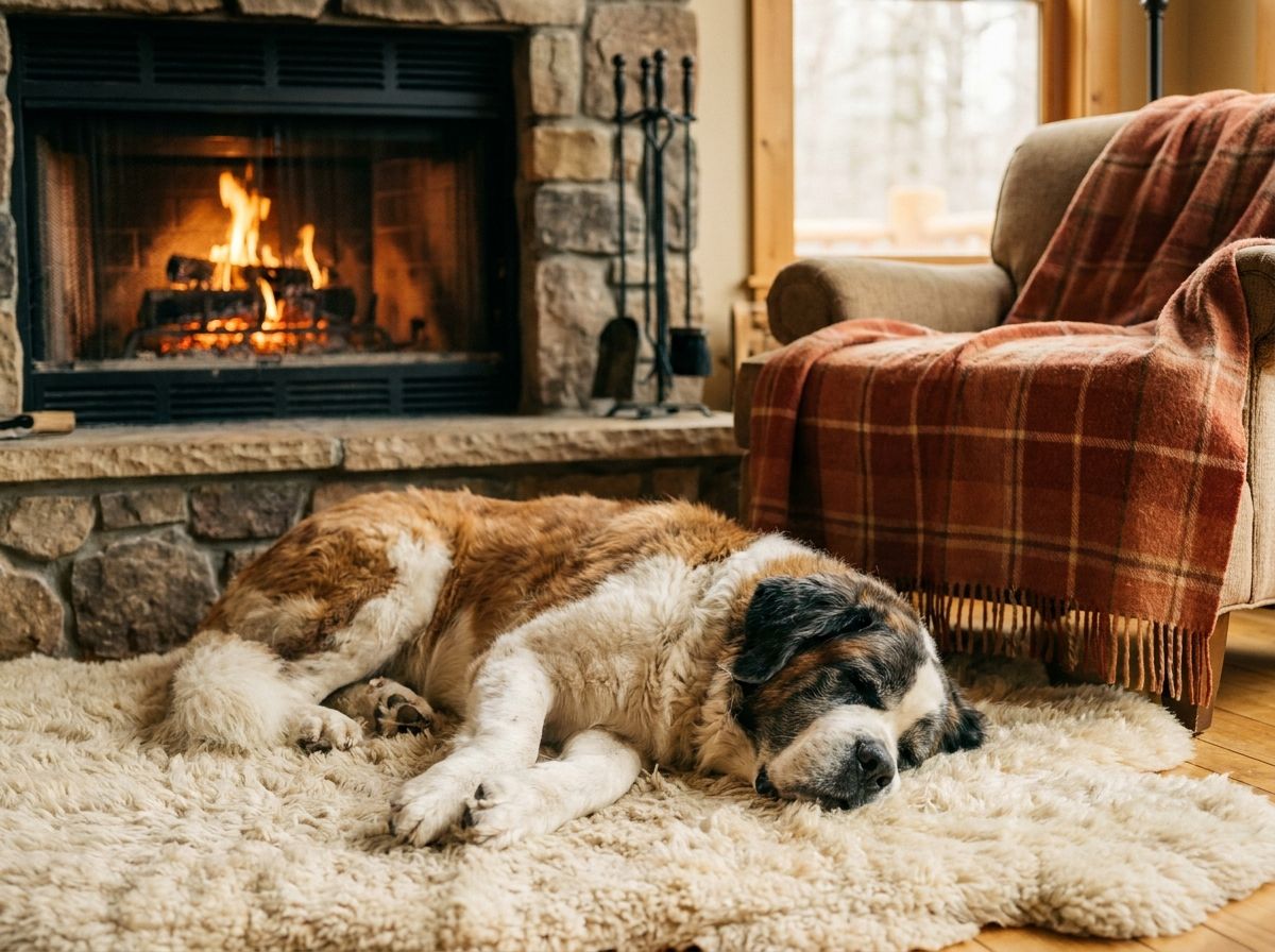 Un vieux saint-bernard dort devant la cheminée sur un tapis crème
